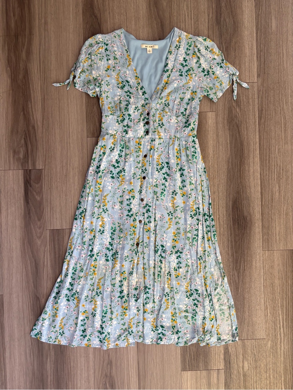 miami Light Blue Floral Midi Dress with Green and Yellow Accents